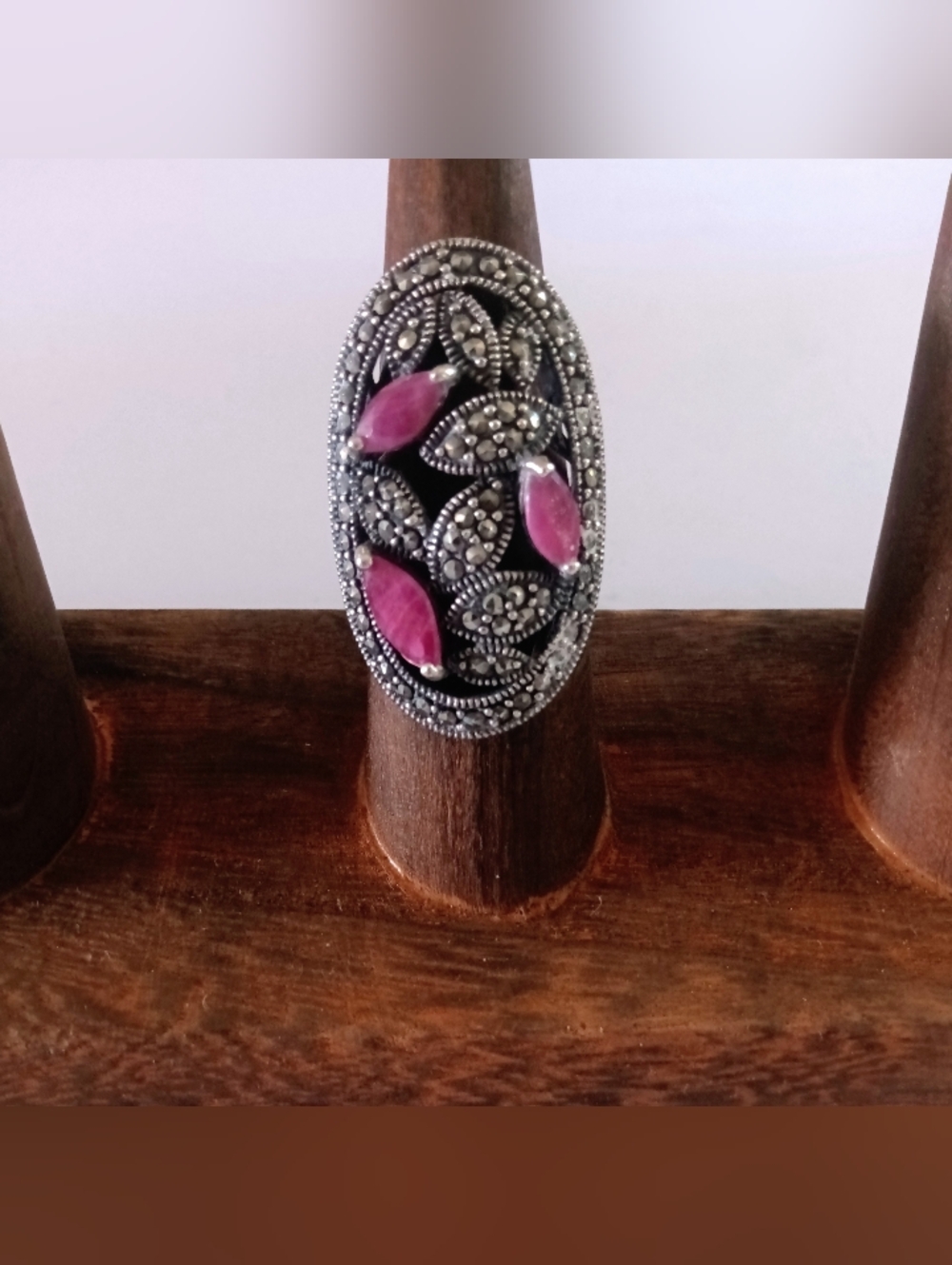 Sterling Silver 925 Marquise Cut Ring Pink Gemstones Marcasite Filigree Size 6.5